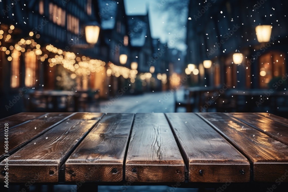 Wooden table, empty space with illuminated Christmas town square in vintage style. Generative AI. - obrazy, fototapety, plakaty 