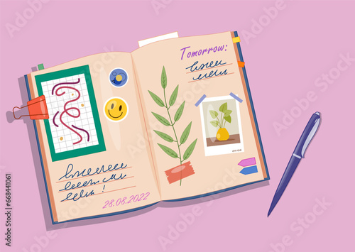 Notebook and organizer. Textbook with notes and pictures near pen. Time management and planning concept. Diary of schoolchild and student. Cartoon flat vector illustration isolated on pink background