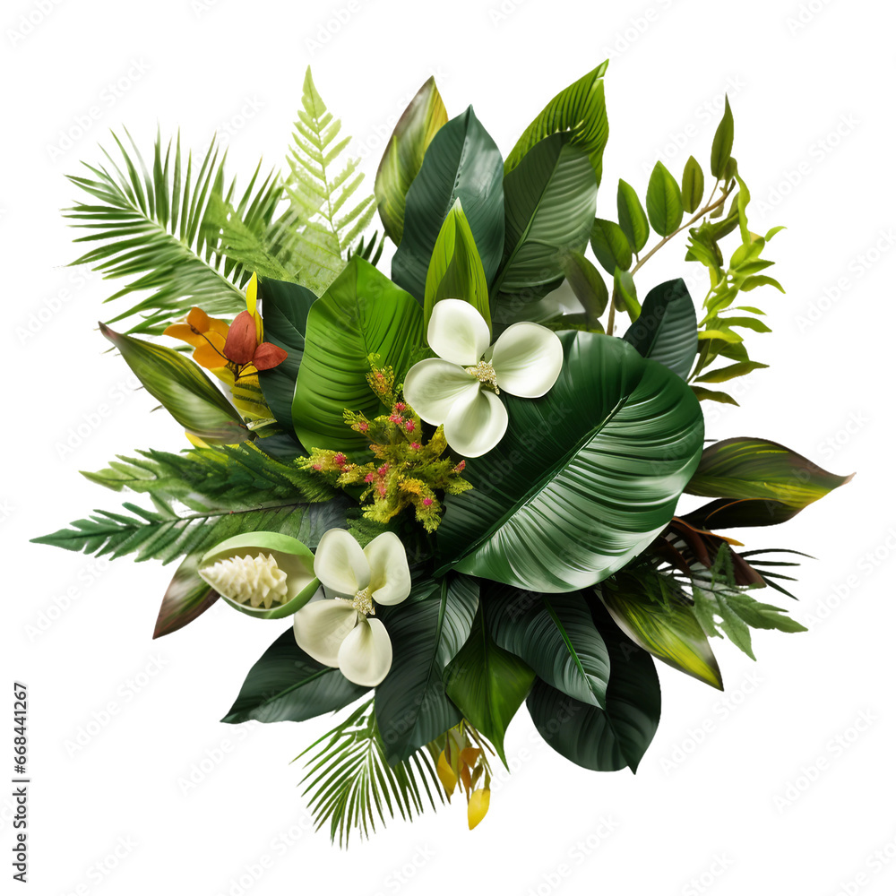 Bouquet of flowers with tropical leaves, Summer bouquet, flower arrangement or bouquet spring flowers isolated on a transparent background. Generative AI - obrazy, fototapety, plakaty 