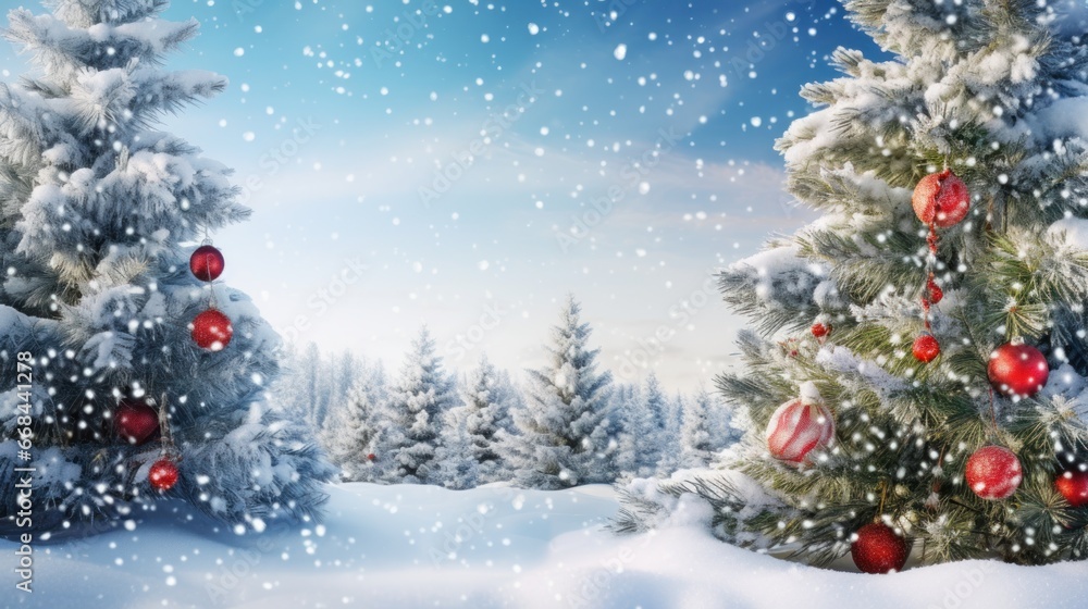 Christmas celebration concept,Winter panoramic background ,covered spruce branches, Christmas tree