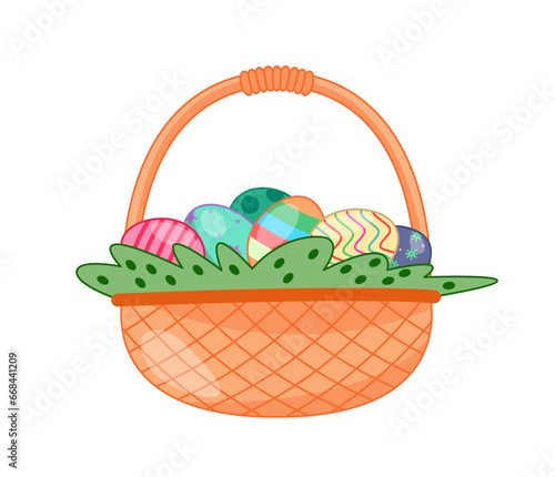 Set of props for Easter. Woolen basket with colorful eggs. International religious holiday. Spring traditional festival. Cartoon flat vector collection isolated on white background
