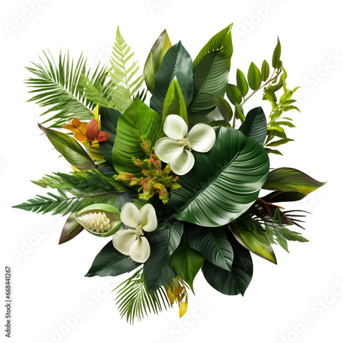 Bouquet of flowers with tropical leaves, Summer bouquet, flower arrangement or bouquet spring flowers isolated on a transparent background. Generative AI photo