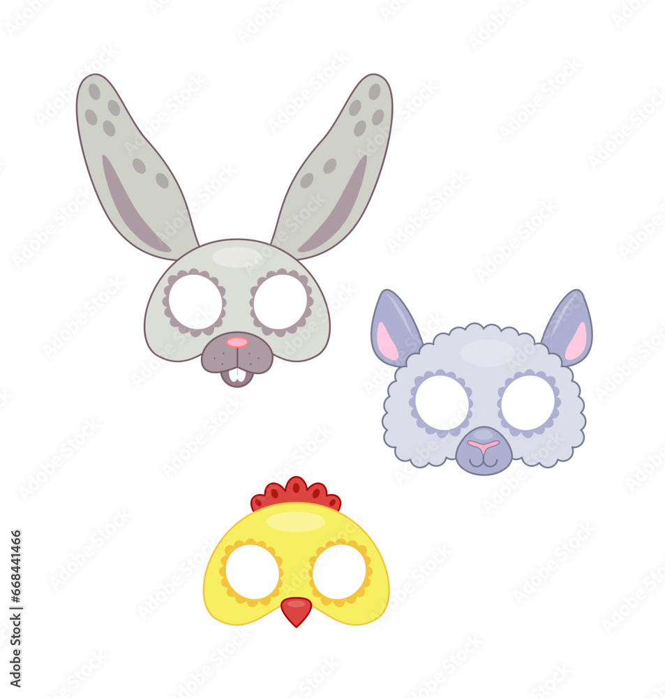 Set of props for Easter. Animals face masks pack. International religious holiday. Carnival and masquerade. Graphic element for website. Cartoon flat vector collection isolated on white background