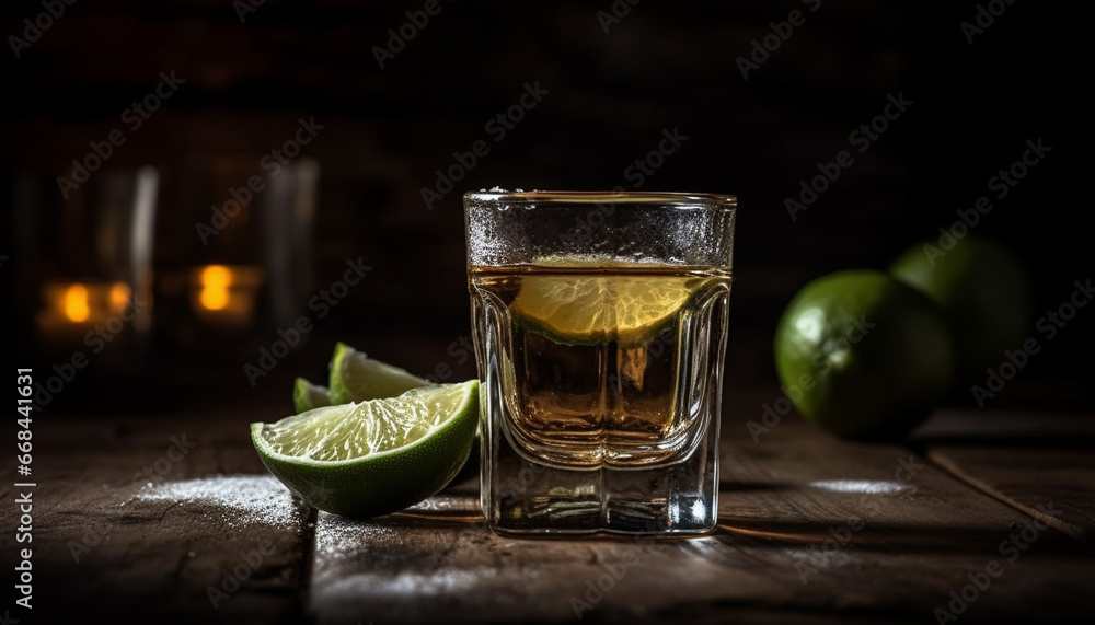 Rustic whiskey cocktail with fresh citrus fruit and lime slice generated by AI Rustic whiskey cocktail with fresh citrus fruit and lime slice generated by AI