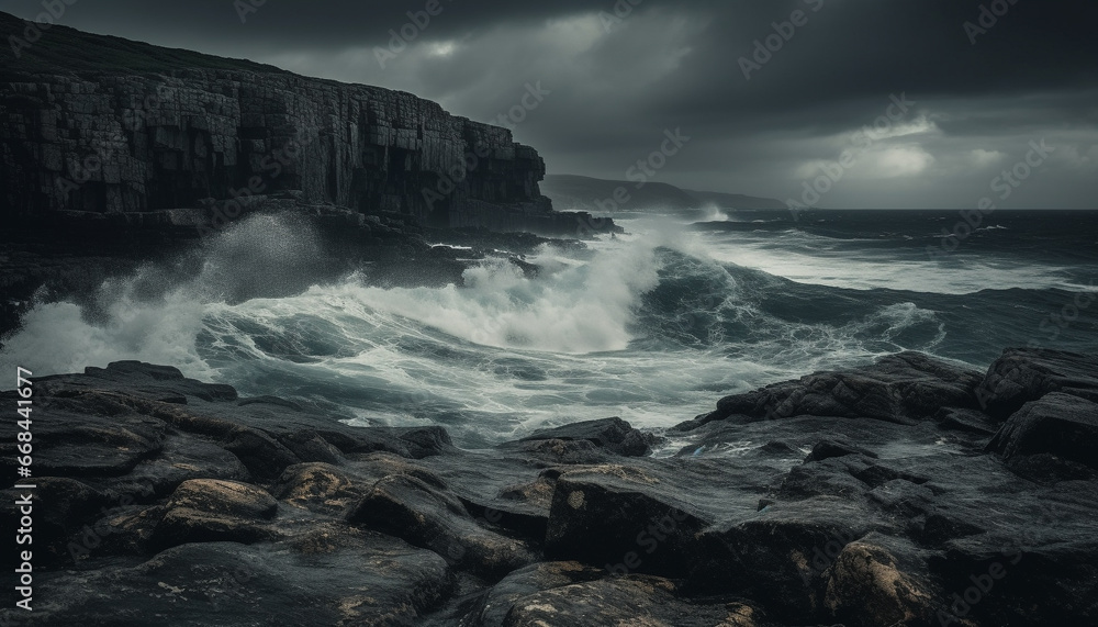 Majestic cliff, rough wave, dramatic sky, horizon over water generated by AI