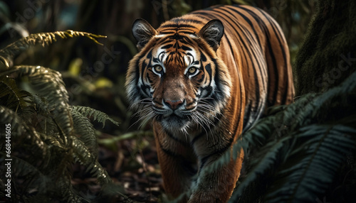 Bengal tiger staring  close up portrait of majestic wildcat beauty generated by AI