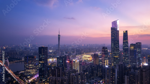 Aerial photography of modern architectural landscapes at night in Guangzhou  China