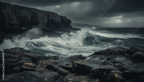 Majestic cliff, rough wave, dramatic sky, horizon over water generated by AI