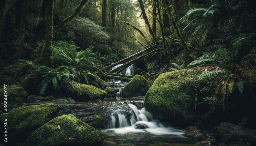 Tranquil scene of a tropical rainforest with flowing water and ferns generated by AI