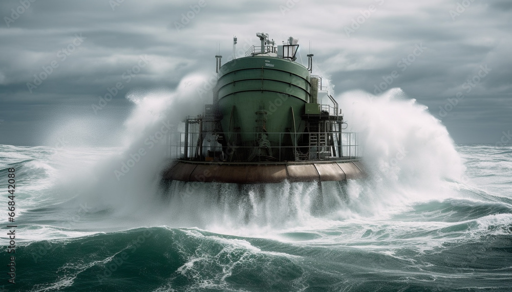 Industrial ship powering through stormy seas, transporting cargo containers generated by AI