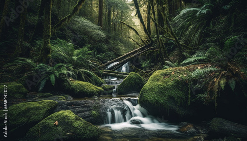 Tranquil scene of a tropical rainforest with flowing water and ferns generated by AI