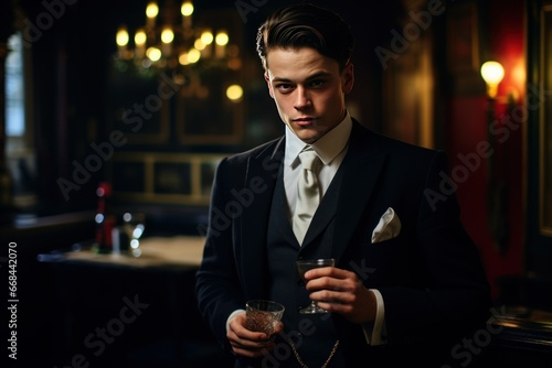Young gentleman in the 1920s attire, adjusting his monocle in a jazz bar.