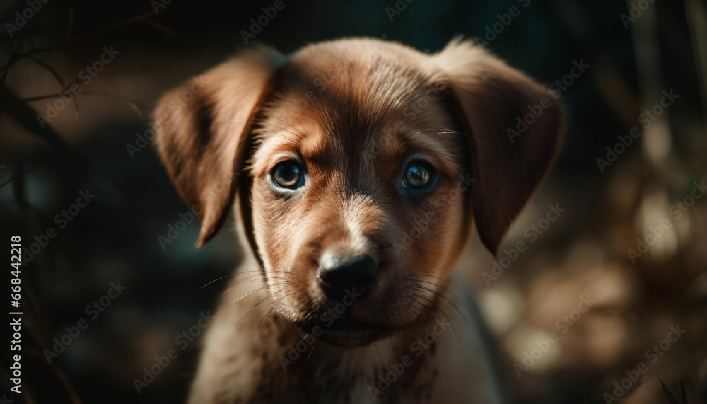 Obraz premium Cute purebred puppy sitting outdoors, looking at camera with selective focus generated by AI