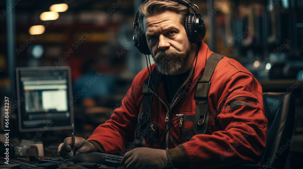 Portrait of a serious mature man working in a factory. He is wearing headphones. for Customer care Portrait of a serious mature man working in a factory. He is wearing headphones. for Customer care