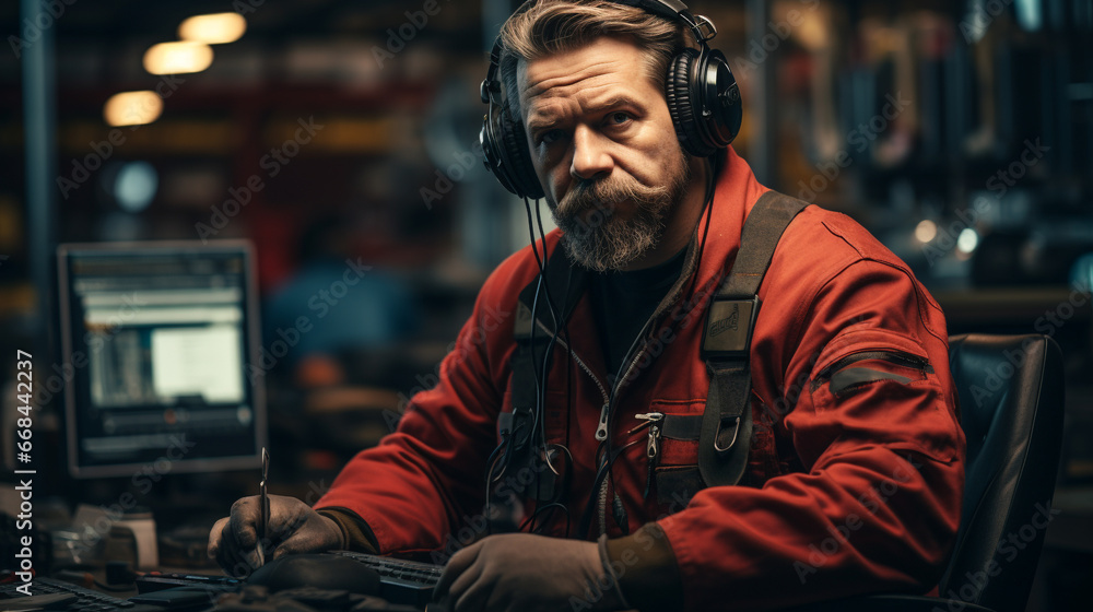 Portrait of a serious mature man working in a factory. He is wearing headphones. for Customer care 