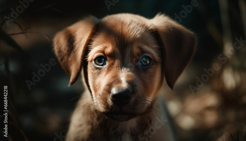 Cute purebred puppy sitting outdoors, looking at camera with selective focus generated by AI