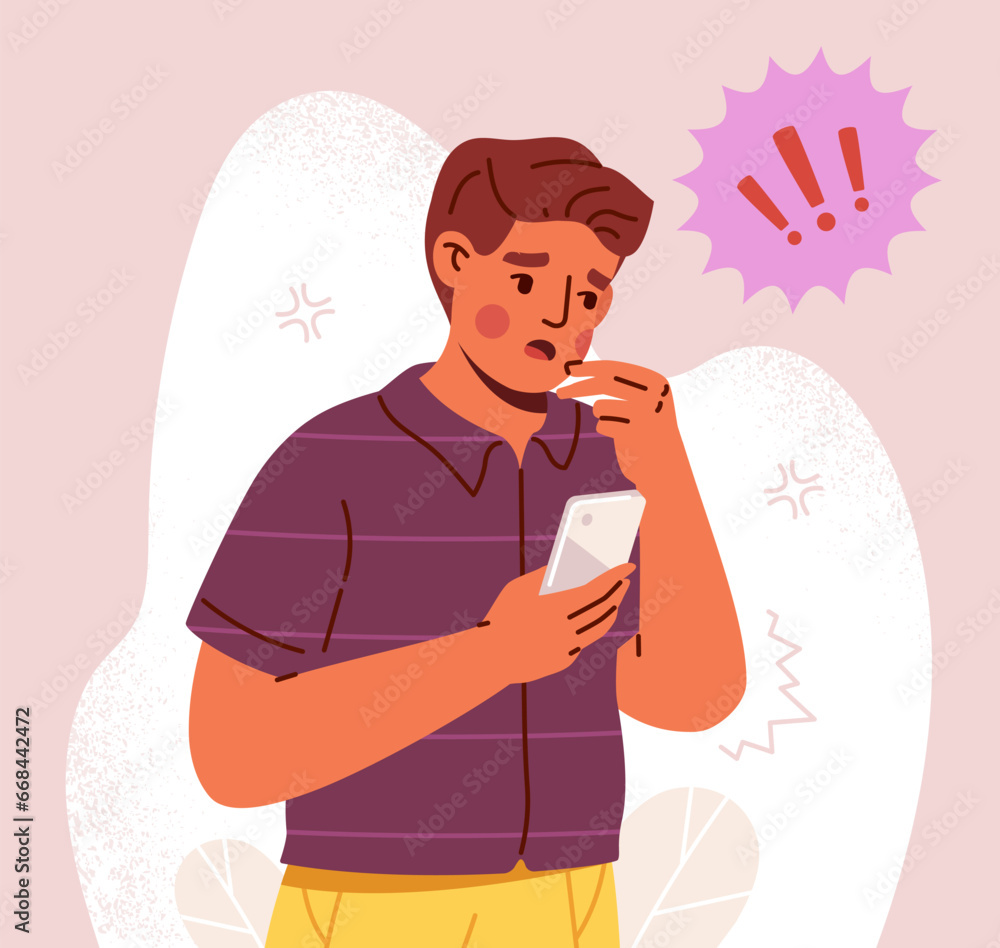 Shocked man with phone. Concept of bad news in social networks. Psychology and mental health. Young guy syanding with smartphone. Frustration and panic. Cartoon flat vector illustration
