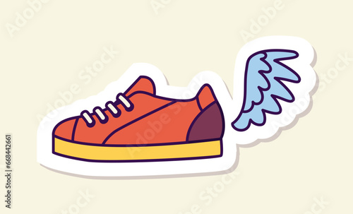Young culture trendy sticker. Red sneaker with white wing. Active lifestyle and sport. Graphic element for website. Cartoon flat vector illustration isolated on beige background
