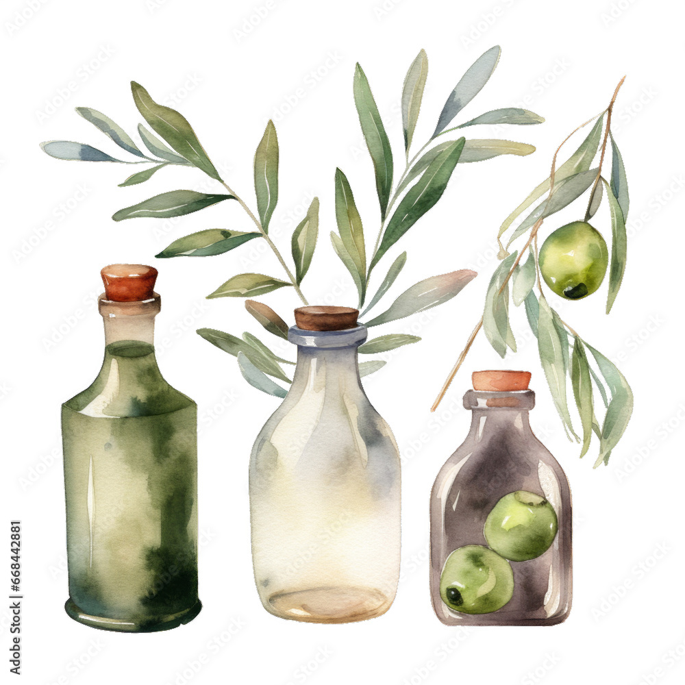 Watercolor Olives and Olive Oil Illustrations Set - Capturing Mediterranean Flavors Watercolor Olives and Olive Oil Illustrations Set - Capturing Mediterranean Flavors