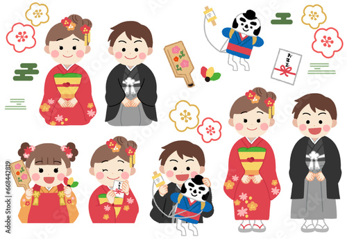 着物を着た子供の正月・年賀状素材イラストセット