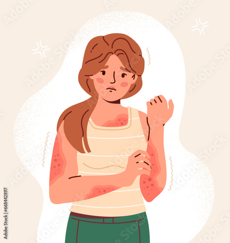 Woman with skin problem. Young girl scretching her hand. Acne and allergy. Healthcare and medicine, skincare. Character suffer from red spots at skin. Cartoon flat vector illustration