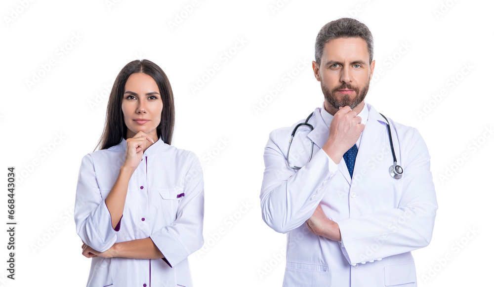 medical and healthcare workers in hospital isolated on white. two doctors represent medicine service. Health insurance. healthcare and medicine. Medicine thinking doctor team medical and healthcare workers in hospital isolated on white. two doctors represent medicine service. Health insurance. healthcare and medicine. Medicine thinking doctor team