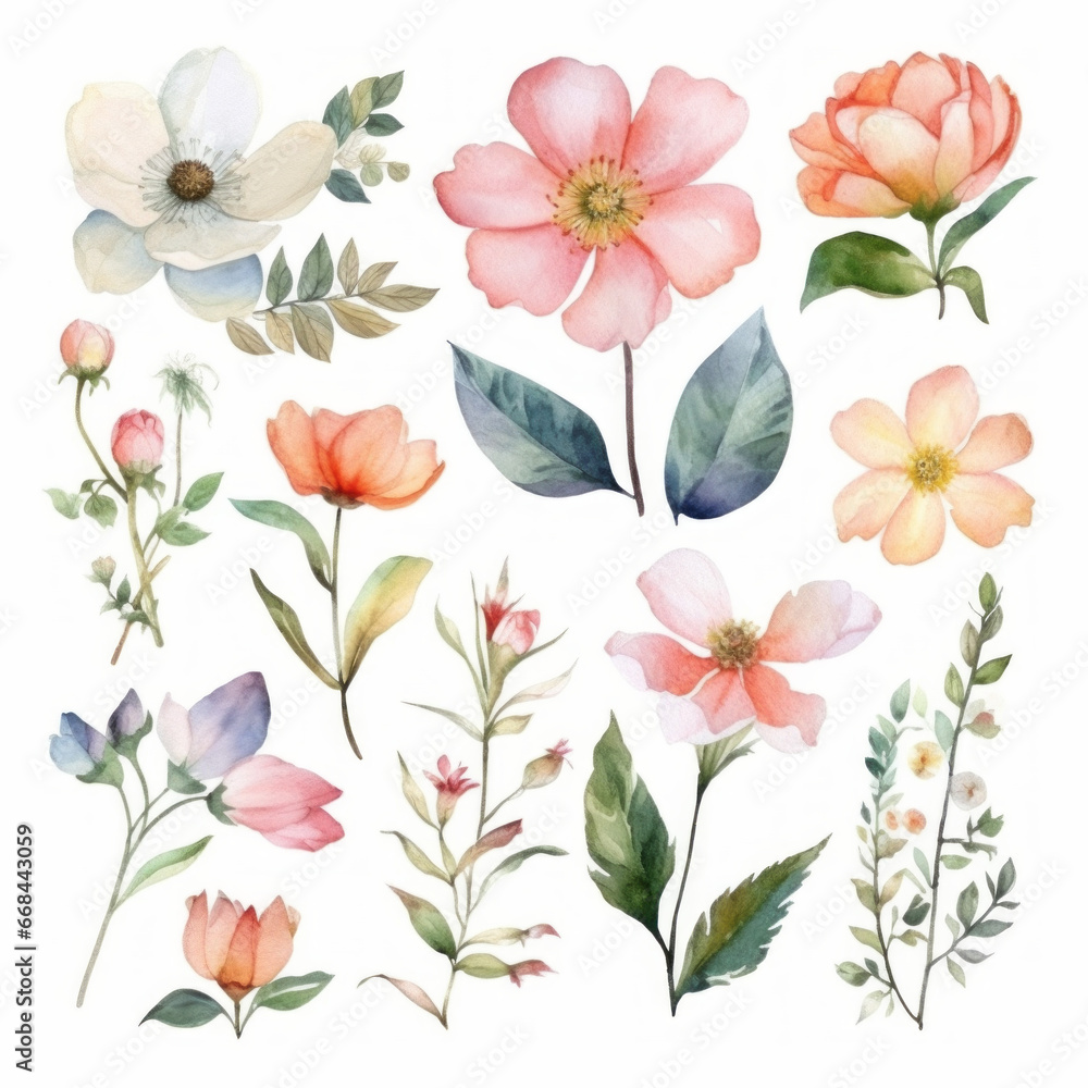 Vibrant Watercolor Illustration of Flower and Leaves Set - Botanical Art