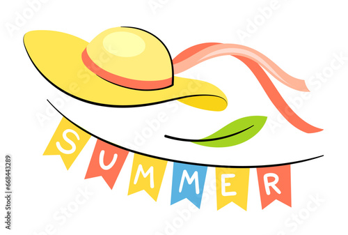 Summer symbols minimalist set. Yellow hat with leaf and summer colorful flags on string. Stickers for social networks and messengers. Cartoon flat vector collection isolated on white background