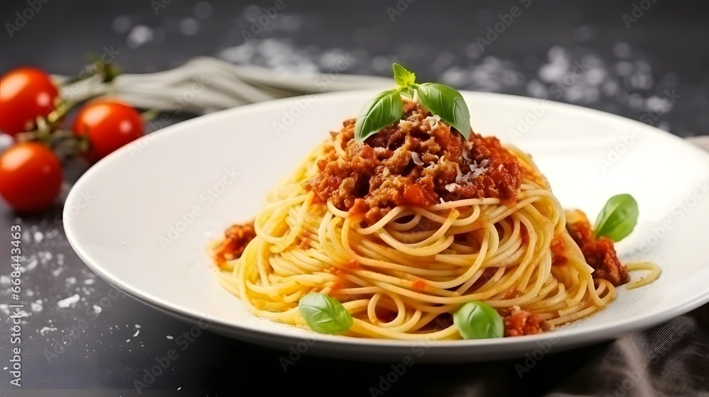 Pasta Spaghetti Bolognese in white plate on gray background. Bolognese sauce is classic italian cuisine dish. Popular italian food.