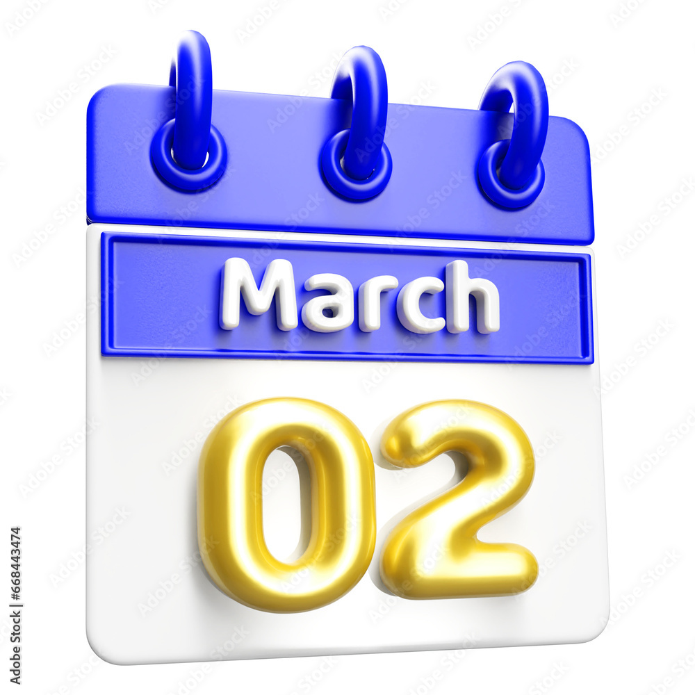 March 2nd Calendar 3D Render Blue March 2nd Calendar 3D Render Blue