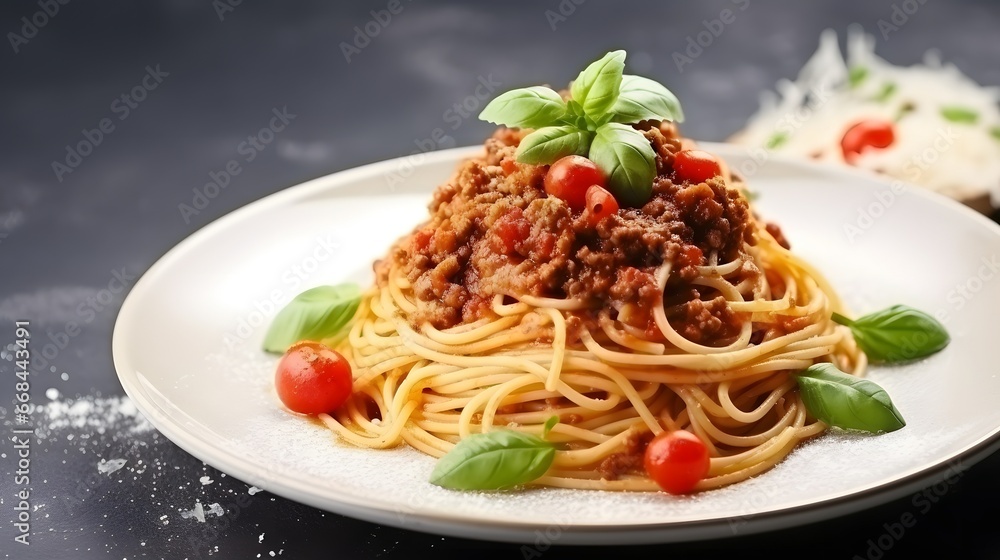 Pasta Spaghetti Bolognese in white plate on gray background. Bolognese sauce is classic italian cuisine dish. Popular italian food.