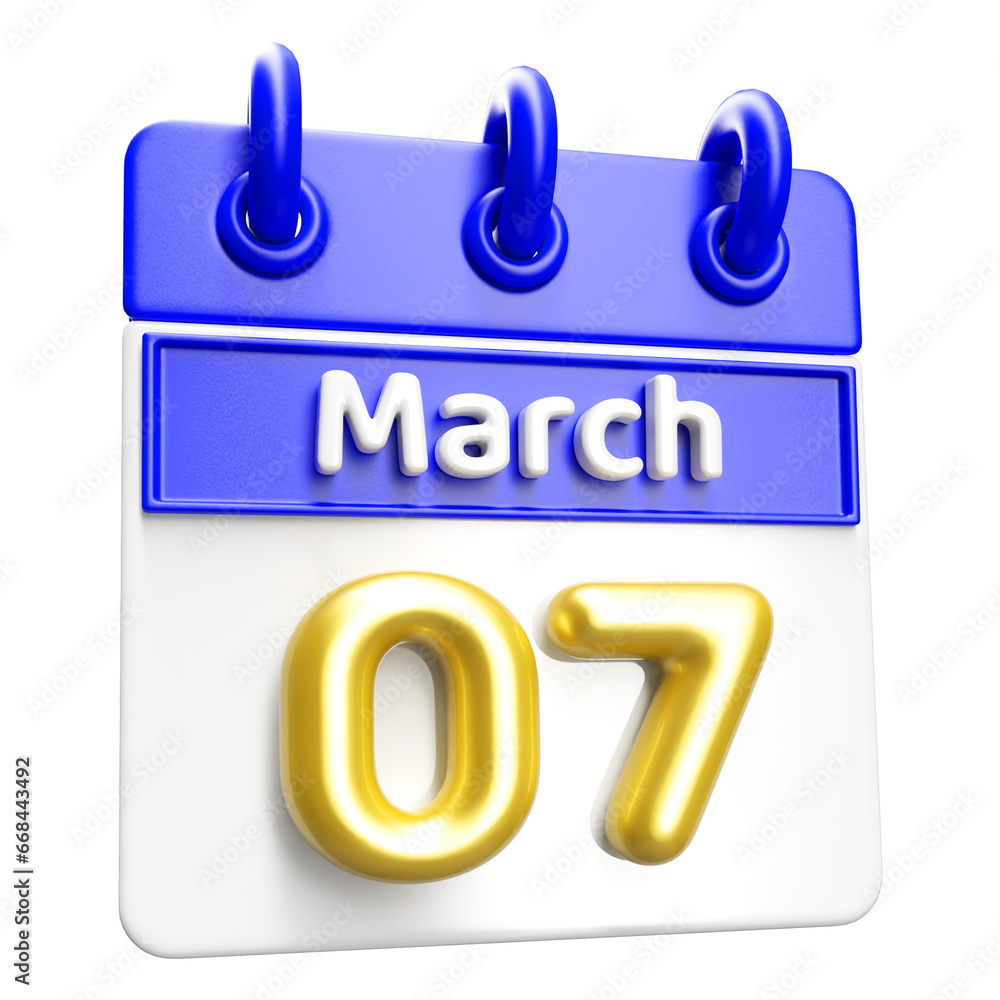 March 7th Calendar 3D Render Blue March 7th Calendar 3D Render Blue