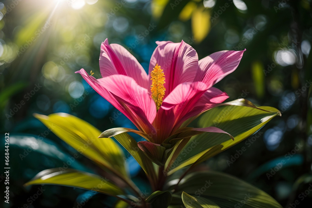 Lush Tropical Flowers in Jungle with Ethereal Bokeh Light Lush Tropical Flowers in Jungle with Ethereal Bokeh Light
