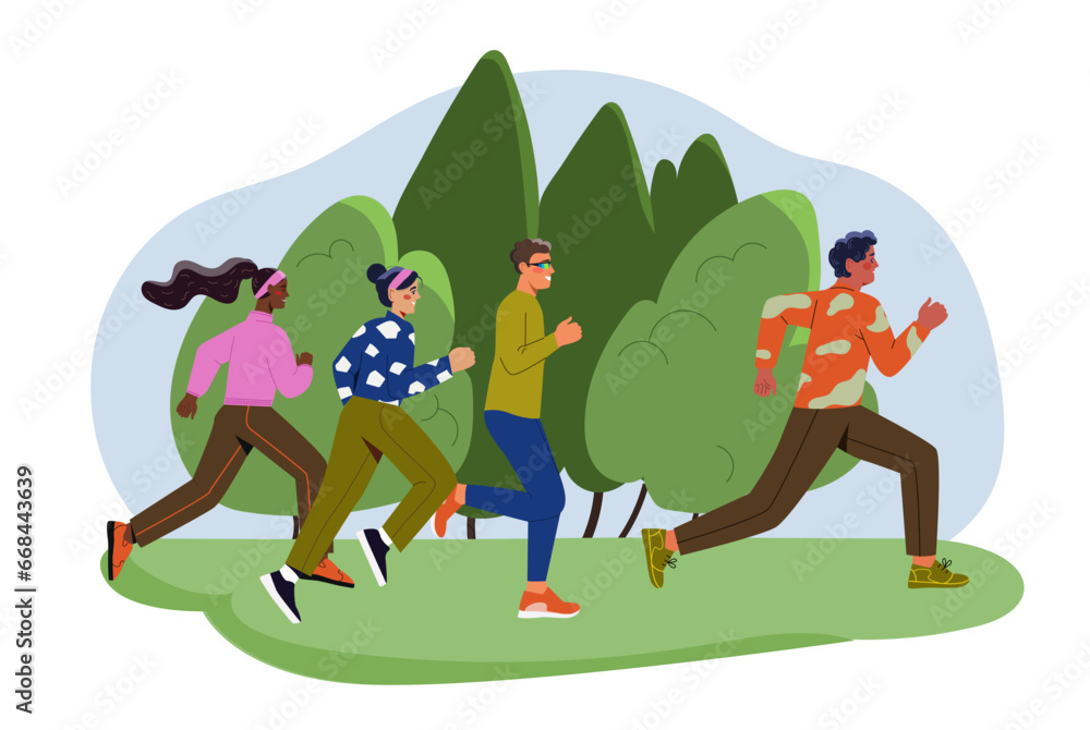 People at summer camping concept. Man and woman run at forest. Travel and trip, tourists at nature. Marathon and sprint runners. Active lifestyle and sport. Cartoon flat vector illustration