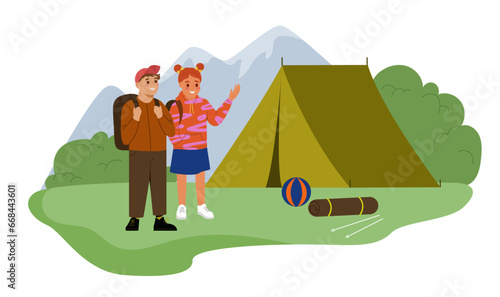 People at summer camping concept. Man and woman near green tent. Travel and trip, tourists at nature. Active lifestyle and leisure. Graphic element for website. Cartoon flat vector illustration