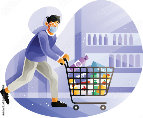Man panic buying running with full cart in market