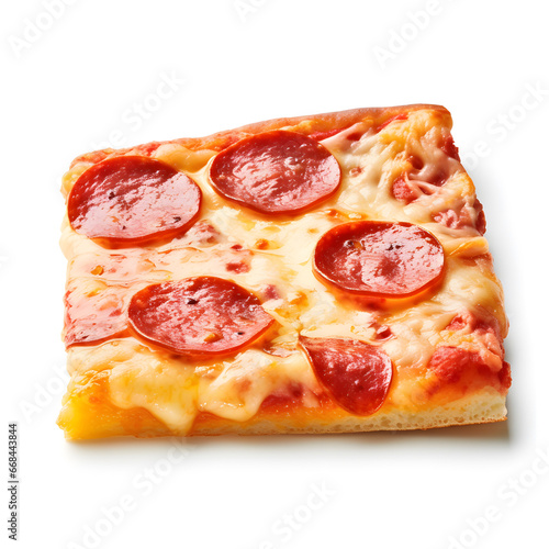 a square pizza slice with pepperoni toppings