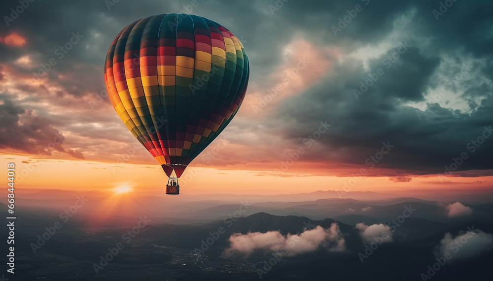 High up in the sky, a multi colored hot air balloon glides generated by AI