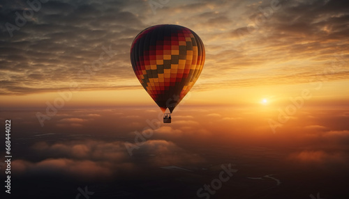 Hot air balloon flying high up in multi colored sunset sky generated by AI © Stockgiu