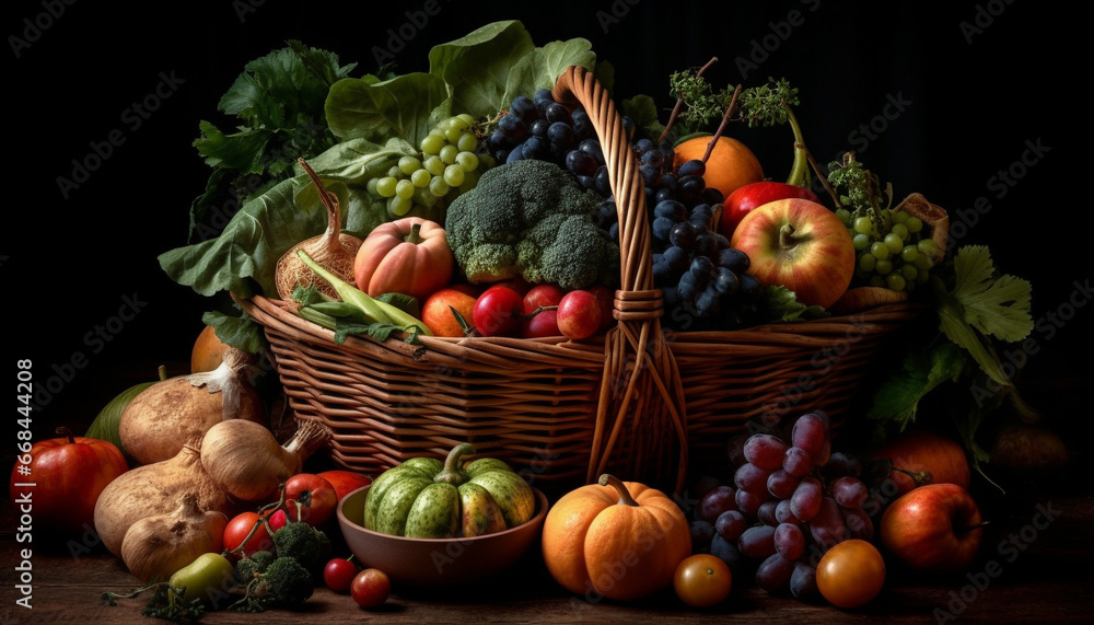 Autumn harvest still life organic vegetables, fruits, and gourds arranged generated by AI