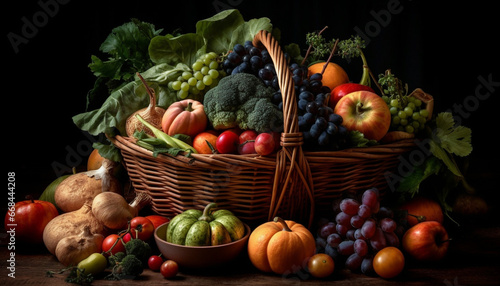 Autumn harvest still life organic vegetables  fruits  and gourds arranged generated by AI