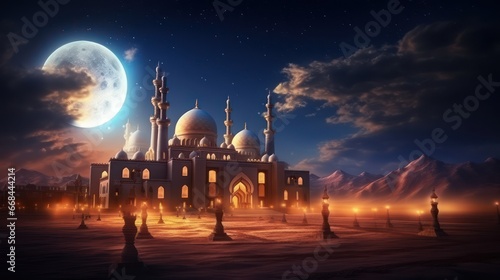View of the mosque at night in the desert. Muslim image background for celebrating holidays and the month of Ramadan.