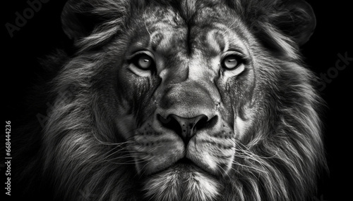 Majestic lion staring with focus on foreground  black and white portrait generated by AI