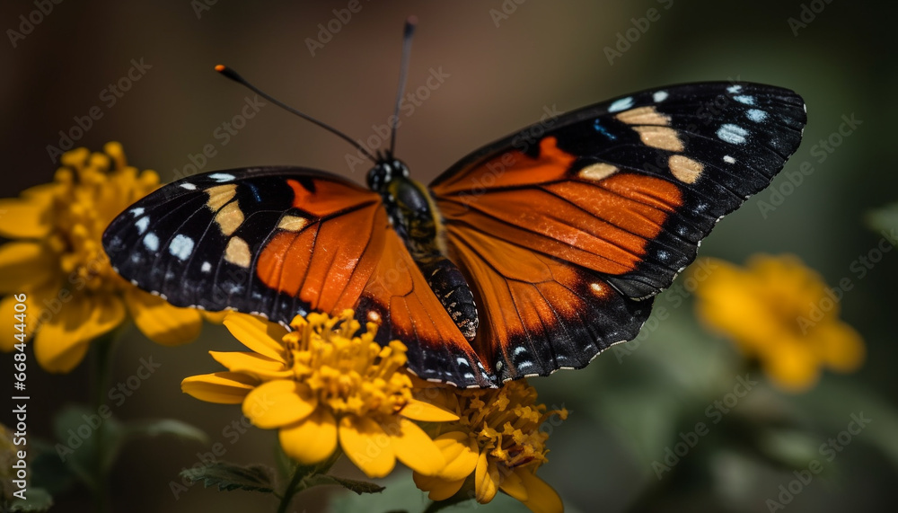 Vibrant monarch butterfly perching on yellow blossom in tropical climate generated by AI Vibrant monarch butterfly perching on yellow blossom in tropical climate generated by AI