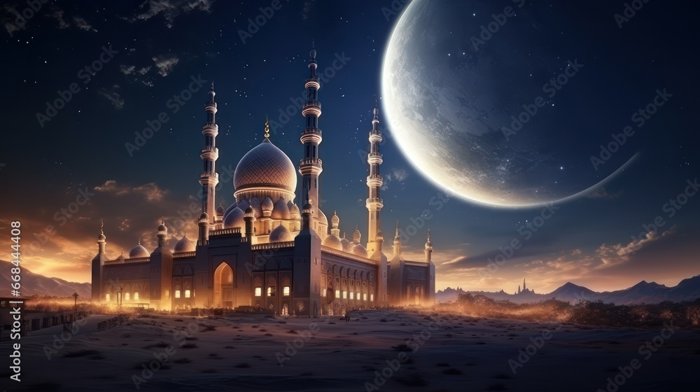 View of the mosque at night in the desert. Muslim image background for celebrating holidays and the month of Ramadan. View of the mosque at night in the desert. Muslim image background for celebrating holidays and the month of Ramadan.