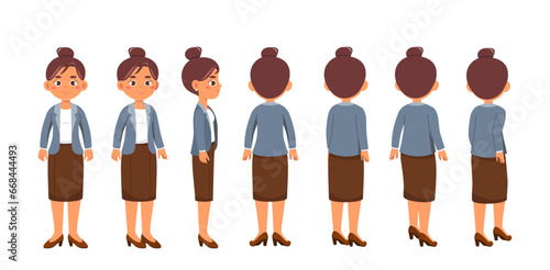 Teacher character set. Woman in suit with different angles. Young girl in jacket and skirt. Education, learning and training. Cartoon flat vector collection isolated on white background