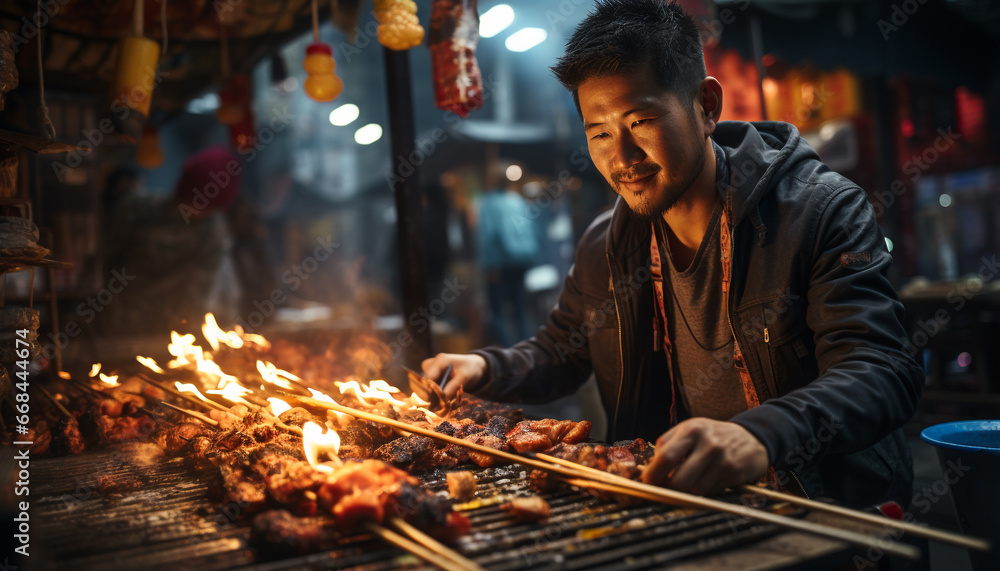 One man grilling meat outdoors, enjoying a delicious barbecue generated by AI One man grilling meat outdoors, enjoying a delicious barbecue generated by AI