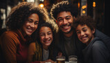 Group of young adults enjoying drinks and laughter at bar generated by AI