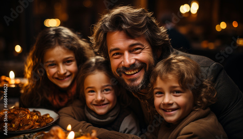 Smiling family celebrates Christmas, love and togetherness around candle flame generated by AI
