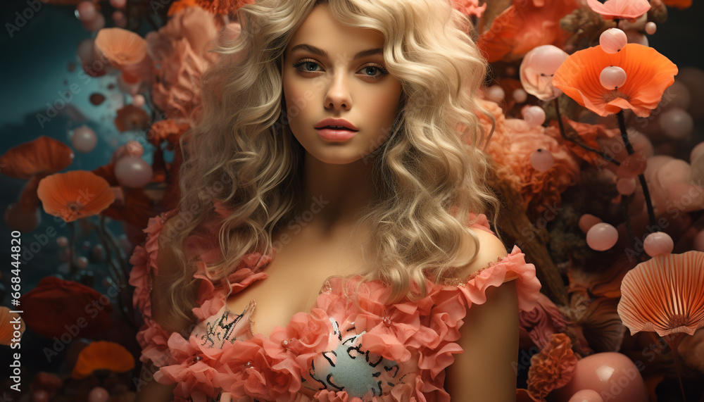 A beautiful blond woman with curly hair and a flower generated by AI